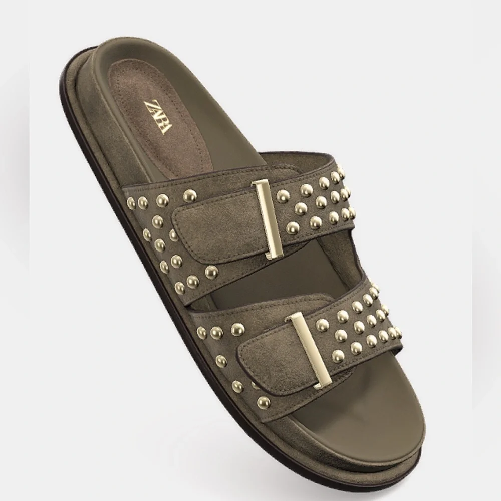Zara  studded leather buckle sandals, Khaki green - Picture 4 of 16